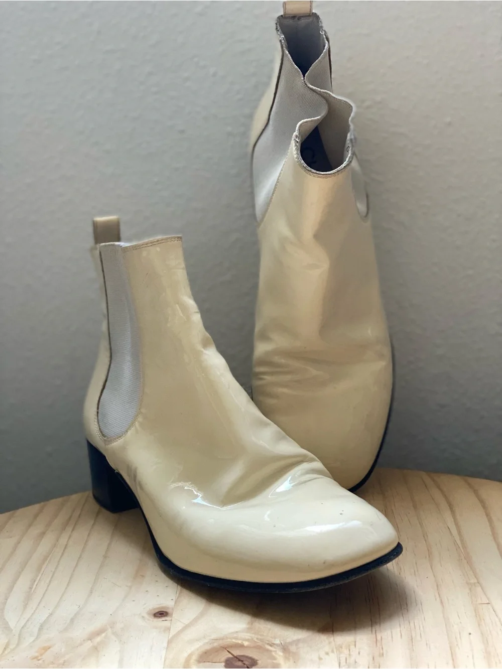 CHANEL Cream Patent Leather Chelsea Booties with Black Block Heel